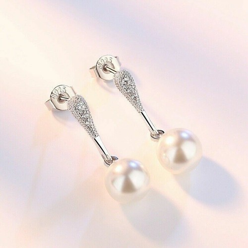 Pendientes colgantes de perlas para mujer enchapados en plata joyas pendientes cristal novia regalos - Imagen 3 de 7