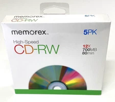 New, Memorex High Speed CD-RW Discs. 5-Pack. 12x /700MB/80 Minute, Free Shipping