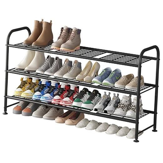 3-Tier Black Metal Shoe Rack for Closet and Entryway Storage