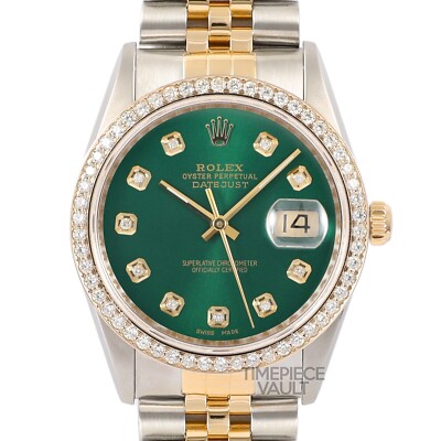 ROLEX DATEJUST 16013 STEEL/ 18K GOLD 36MM WATCH GREEN DIAMOND DIAL DIAMOND BEZEL