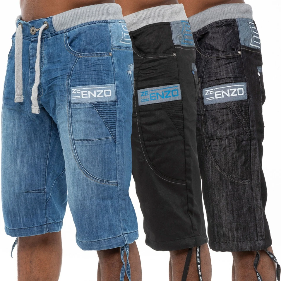 Enzo Mens Designer Shorts Casual Elasticated Ribbed Waist Denim Knee length Jean - Image 3 of 4