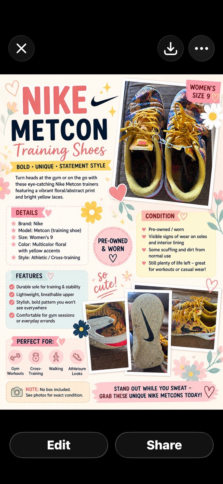 Women’s Nike Metcom 4 XD PRM Cross Trainers In University Gold Floral 9 Used