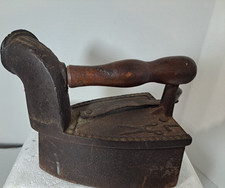Antique 1800s Charcoal Coal Cast Iron Sad Iron With Chimney Wood Handle