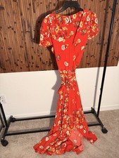 Free People Maxi Wrap Dress Womens Medium Red Floral Boho Short Sleeve Tie Waist