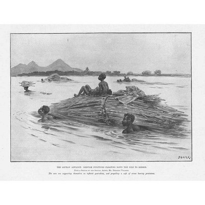SUDAN Dervish Fugitives Floating Down the Nile to Berber - Antique Print 1897
