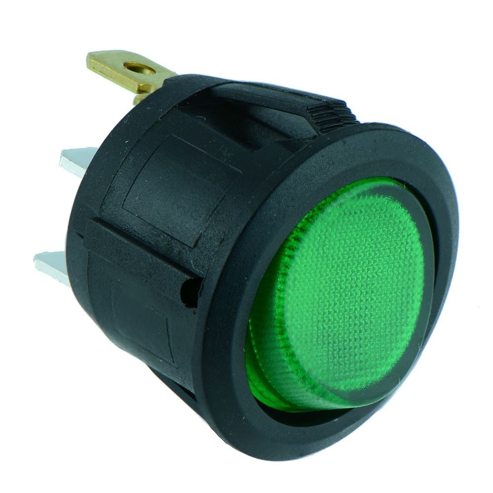 Green On-Off illuminated Round Rocker Switch SPST 12V 20A R13-112B-02