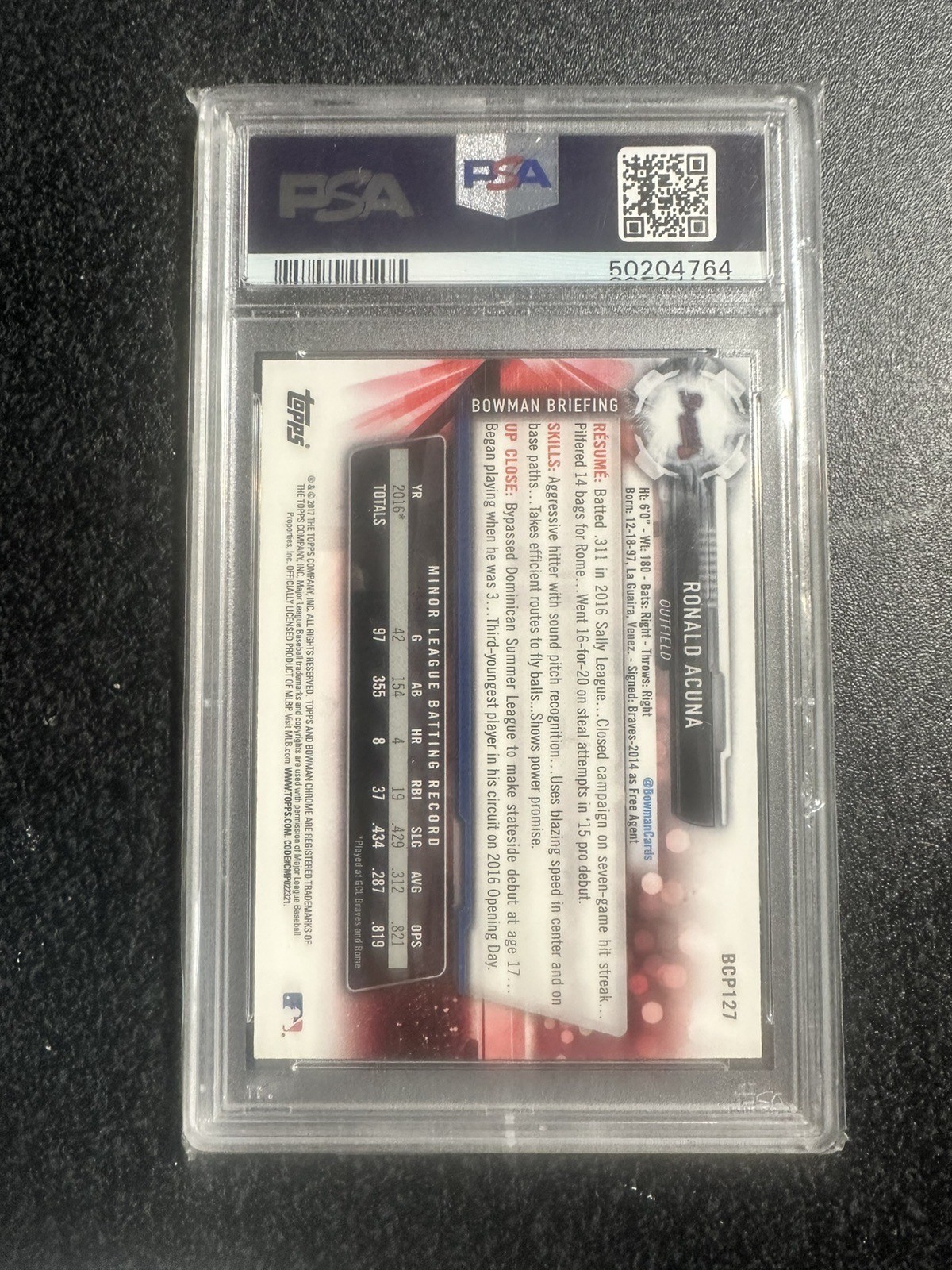 2017 BOWMAN PROSPECTS CHROME #BCP127 RONALD ACUNA JR. RC PSA 10 view 2
