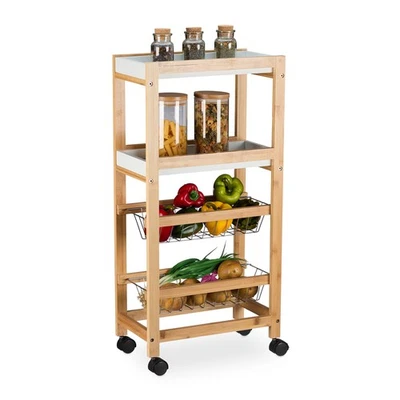 Chariot de rangement à roulettes 4 étages Étagère cuisine Desserte 25 cm bambou - Photo 1/4