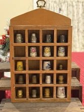 Vintage Thimbles With Wooden Display Shelf Ready To Hang Sewing Porcelain Pewter