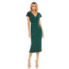Mac Duggal Emerald Green Sequined Wrap Over V-Neck Midi Dress Size 4