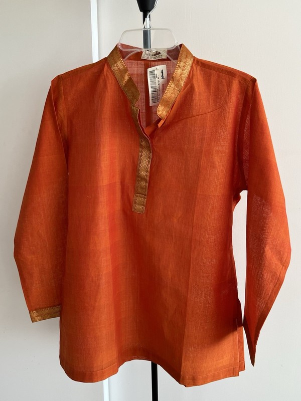 NWT Fabindia Kurta Tunic Top Blouse Orange 🍊 & Gold Zari  100% Cotton Large