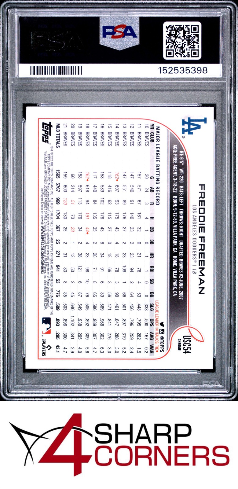 2022 TOPPS CHROME UPDATE PURPLE REFRACTOR #USC54 FREDDIE FREEMAN PSA 10 view 2