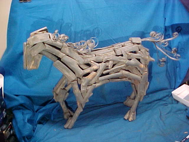 Vintage WILD HORSE Hand Made FOLK ART FIGURE Driftwood + Metal