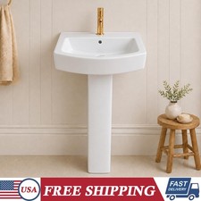 White Ceramic Square Pedestal Sink Single Hole Freestanding Basin Smooth Finish