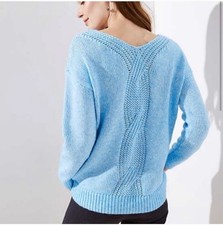 Ann Taylor LOFT Sweater Small Cable Back Cotton Blend Long Sleeve Light Blue