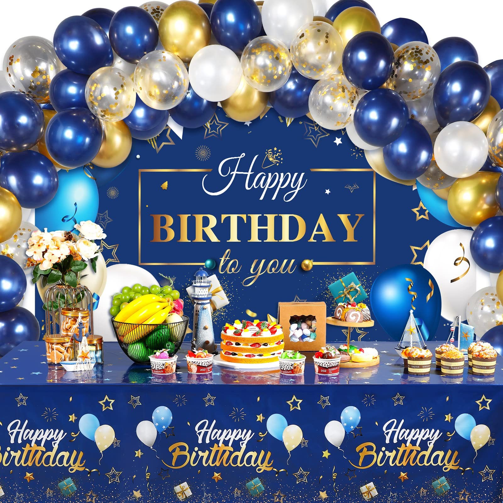 Navy Blue and Gold Birthday Party Decorations 56 Pcs Happy Birthday Photograp...