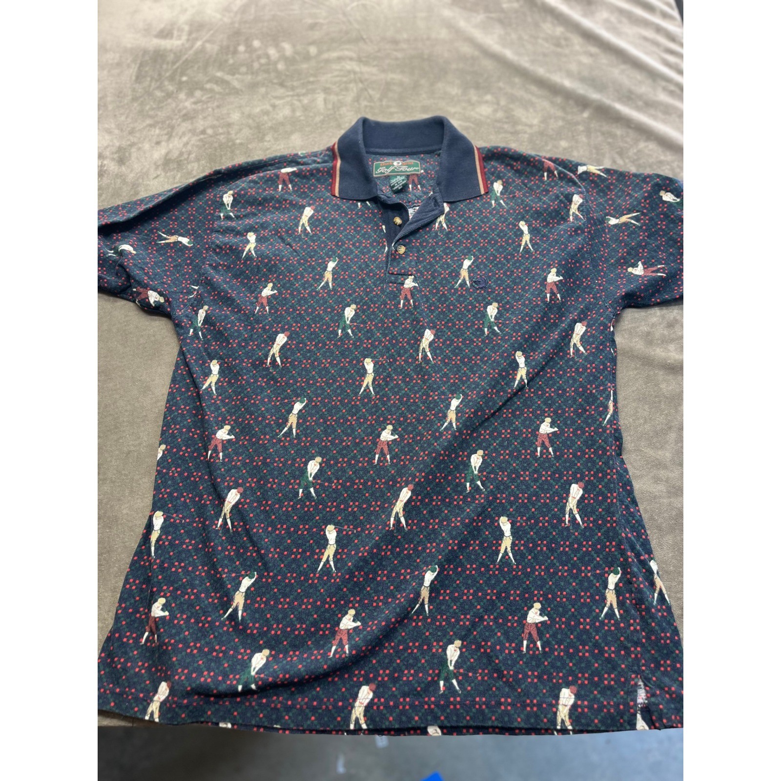 Duck Head Golf Tour Mens Polo Shirt Medium Navy Blue Vintage Golfer Print 1990