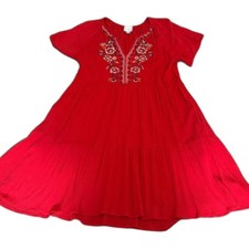 Knox Rose Red Embroidered Boho Tiered Peasant Dress Size L Floral
