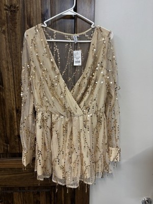 Cazy Co. Nude Sequin Mesh Romper L Long Sleeve V-Neck Party