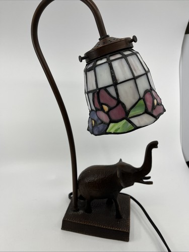Stained Slag Glass Tulip Gooseneck Desk Lamp 15” Elephant Heavy Metal Works - Picture 4 of 12