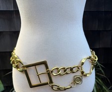 Vintage Bold Glam Belt Gold Tone Chain Black Faux Leather M/L