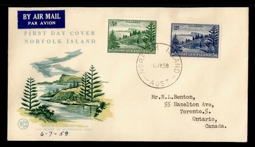 DR WHO 1959 NORFOLK ISLAND FDC ANIV COMBO 2.00 WSC CACHET TO CANADA M71477