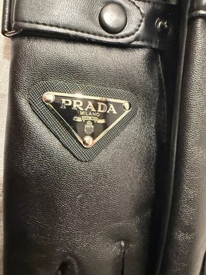 Authentic Prada Leather Gloves Black Triangle Logo LeatherStrap