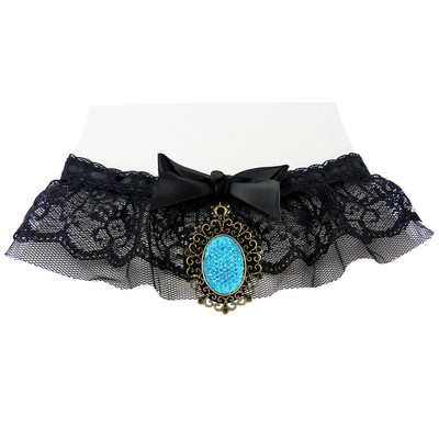 Halskette Halsreif Gothic Choker Tüll Schleife Satin schwarz Cabochon Strass BLAU