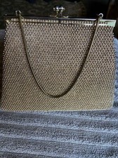 Vintage Golden Petite Bead Gold Clutch Purse Evening Bag With Mirror By Lumared