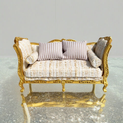 Casa delle bambole miniatura divano in legno oro accessorio casa delle bambole mini mobili per 1:12 - Foto 12 di 15