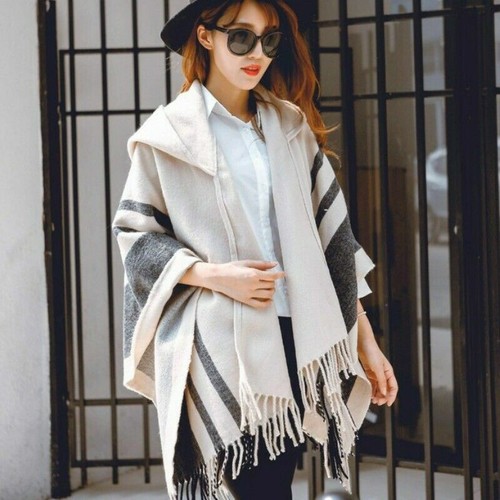 Women Hooded Poncho Scarf Shawl Cape Wrap Stripe Tassel Batwing Sleeve Warm - Picture 9 of 16
