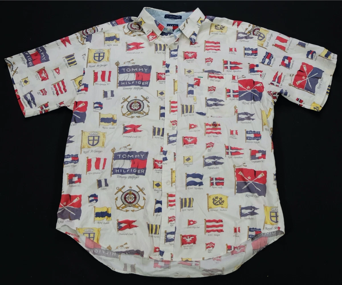 Rare Vintage TOMMY HILFIGER Spell Out Flags All Over Print Casual Shirt 90s XL