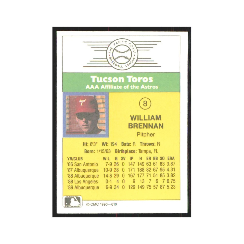 1990 CMC Minor League William Brennan Tucson Toros #610 - Image 2 of 3