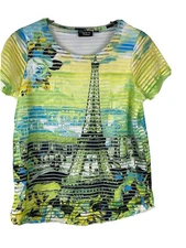Onque Casuals PM Yellow Turquoise Paris Eiffel Tower Layered Short Sleeve Top