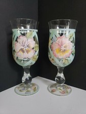 Hand Painted Stemmed Ice Tea Glasses - Set of 2 - Beautiful Floral Design