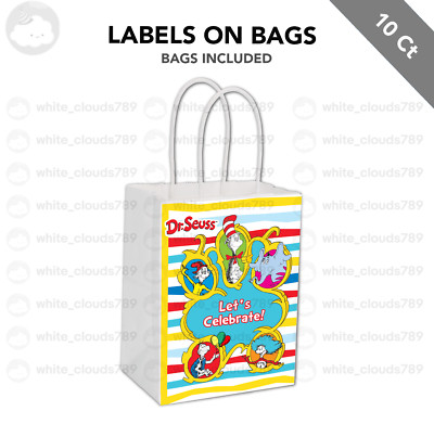 10 Dr. Seuss Cat in the Hat Label on White Kraft Gift Bag Party Favor 5.5 x 8