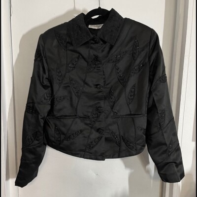 Vintage Anage Beaded Leaves & Buttons Black Jacket w/ Pockets : Size ...