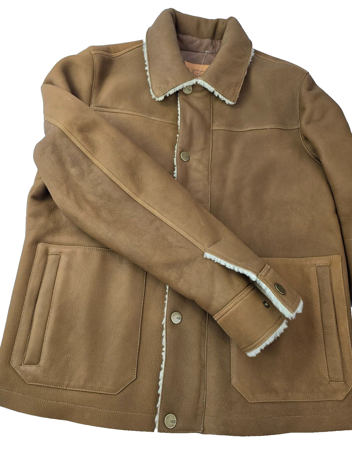 UGG Genuine Leather Shearling Sheepskin Worker Trucker Snap Button Jacket M image 9