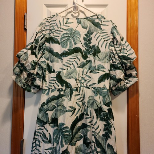 Johanna Ortiz x H&M Linen Blend Midi in Green Palm Leaf Dress L Boho CottageCore - Picture 13 of 23