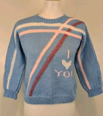Vtg Handmade Wool Sweater I Love You OOAK Jrs Womens XS S Petite Blue Handknit - Image 1 of 4