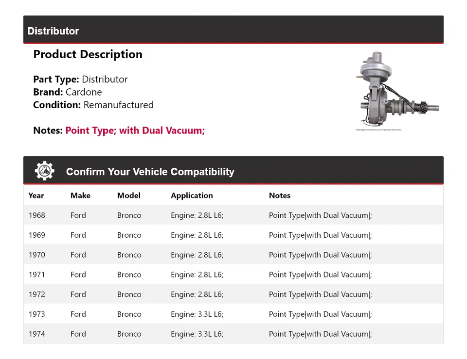 For 1968-1974 Ford Bronco Distributor Cardone 1969 1970 1971 1972 1973 - Image 2 of 4