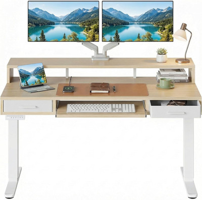 55  X 26  Electric Standing Desk with 2 Drawers &24.4  Large Keyboard Tray, C-Cl