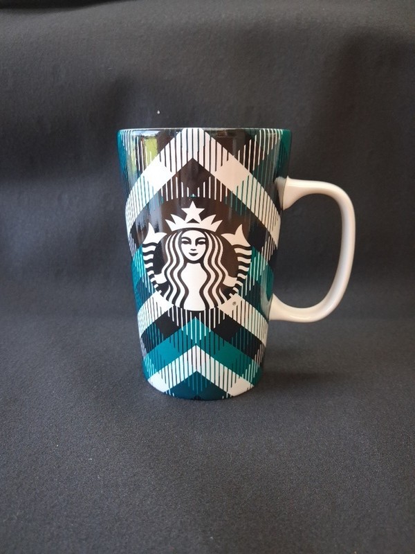 STARBUCKS 2015 Coffee Cup Mug 16 oz. Teal and Black Plaid with Siren Mermaid