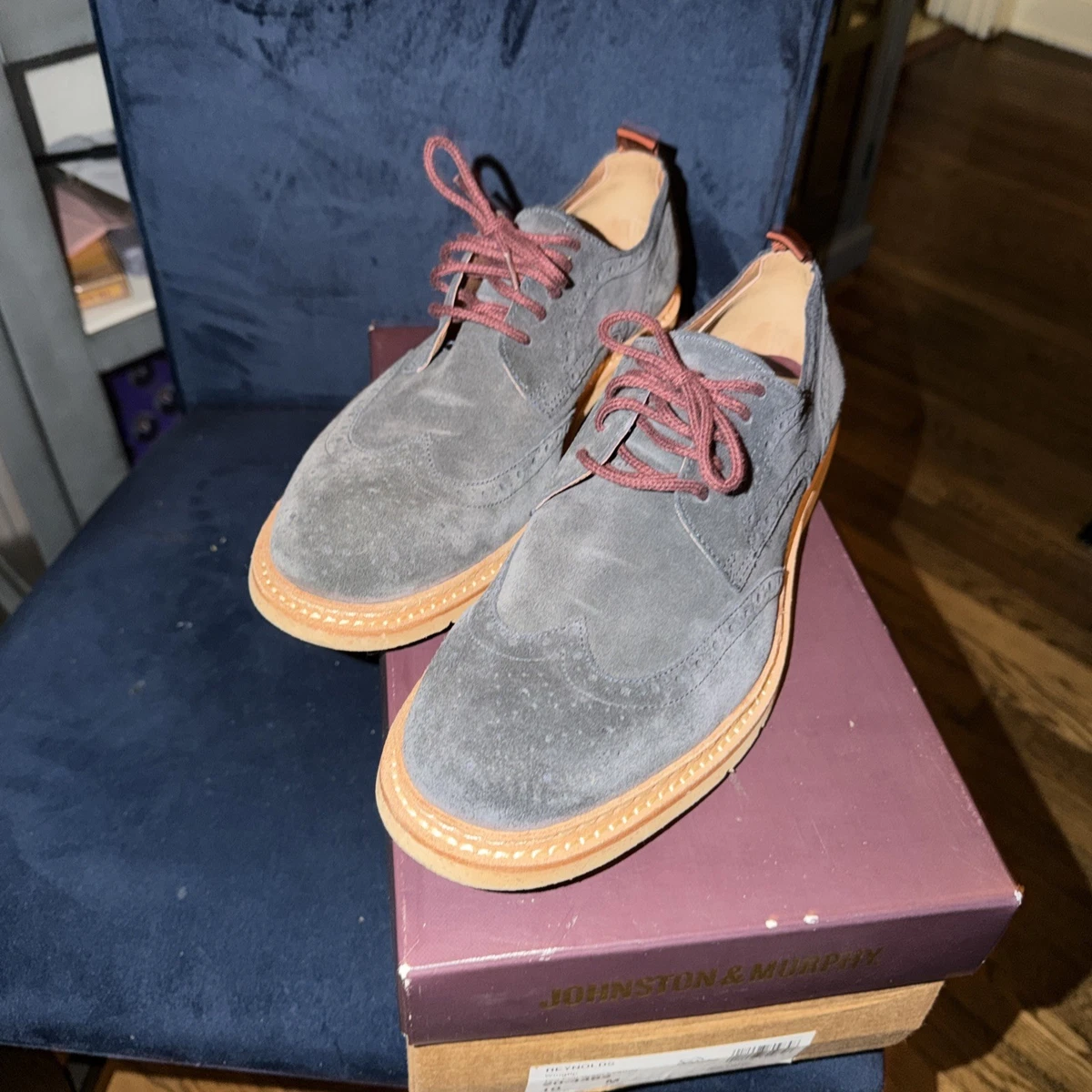 Johnston & Murphy Suede Wingtip Oxford Mens 11.5 Gray Taupe Lace Up Dress Johnston & Murphy Brown Wingtip Dress Shoes for Men for sale  main image 2