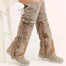 Women Tassel Knee High Boots Round Toe Buckle Strap Winter Shoes Boho
