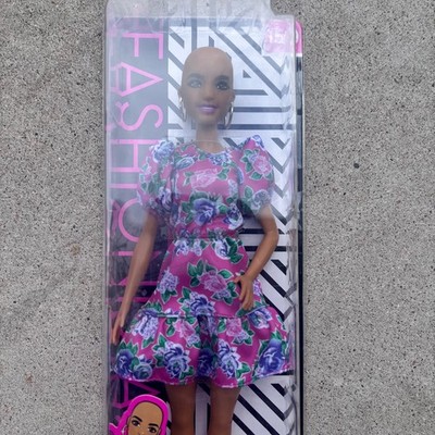 Barbie Fashionistas Doll #150 Bald No Hair Pink Floral Dress Boots Hoop Earrings