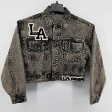 LA Gear Denim Jacket Womens Small Gray Acid Wash Cropped Vintage 80s 90s Patch