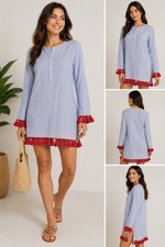 Tory Burch Blue Stripe Tassel Tunic Blouse Cover-Up Top Size S