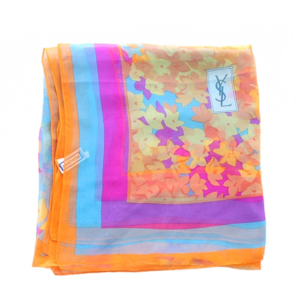 Yves Saint Laurent Scarf Orange Light Blue Pink Floral Pattern Women's Authentic thumbnail 2