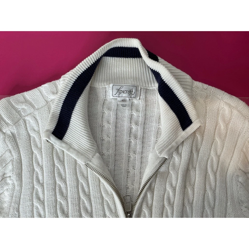 Cárdigan Suéter Foxcroft Para Mujer Blanco Tejido con Cable Cremallera Talla L Tenis Preppy Foto 3 de 4